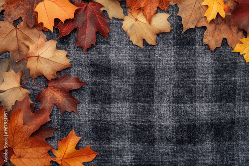 Autumn leaves on a table with room for text photo