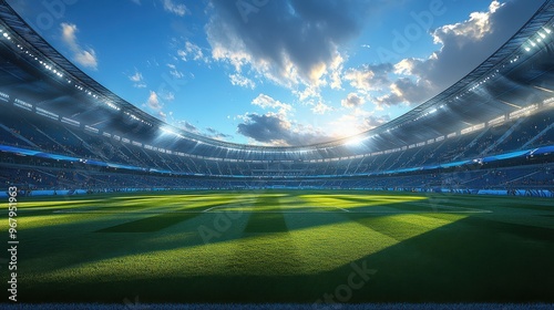 Soccer Stadium Field Empty Green Grass Sunlight Blue Sky Clouds