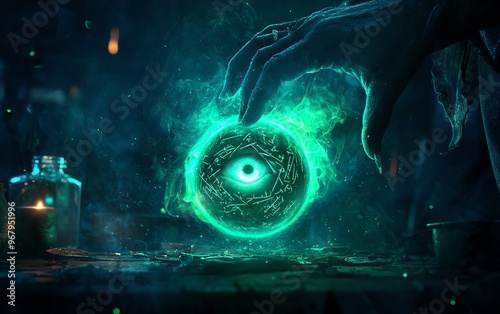 A mystical hand conjures a glowing green orb with an eye, surrounded by potions and an ethereal atmosphere of magic. photo