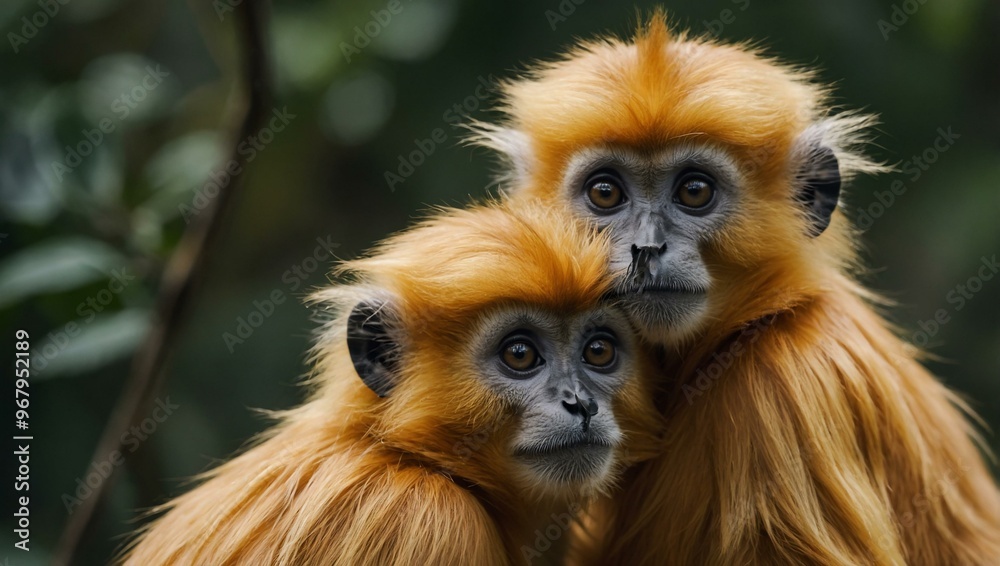 Two Golden Langur monkeys embrace, gazing curiously at the camera. Two Golden Langur monkeys embrace, gazing curiously at the camera.