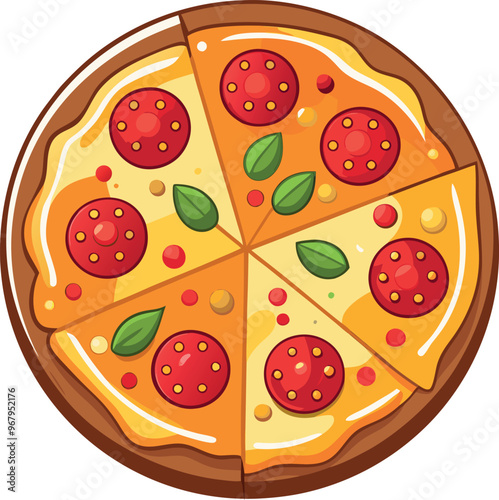 A colorful vector depiction of a round pizza featuring tomatoes, basil and cheese set on a clean white background