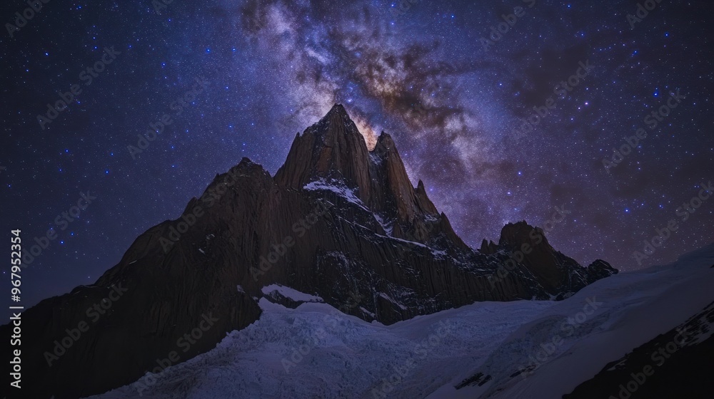 A majestic mountain peak under a starry night sky with the Milky Way visible. A majestic mountain peak under a starry night sky with the Milky Way visible.