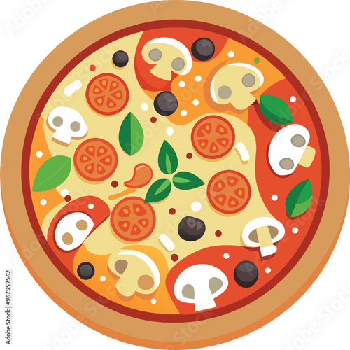 A colorful vector depiction of a round pizza featuring tomatoes, basil and cheese set on a clean white background