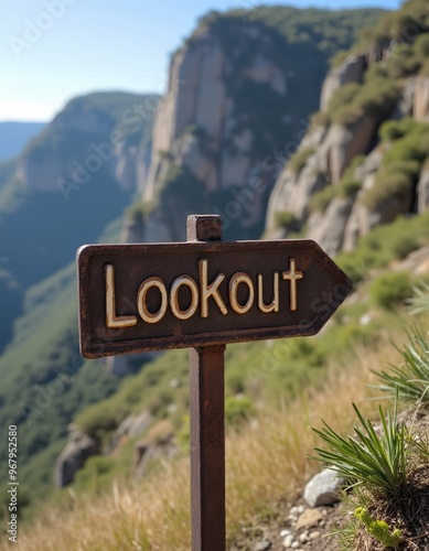 Rustic Lookout sign against dramatic cliff backdrop