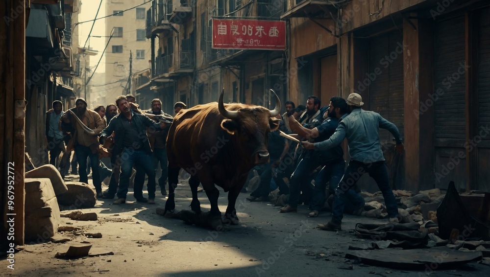 Vector of a barricade scene with a bull head symbol and eight people. Vector of a barricade scene with a bull head symbol and eight people.