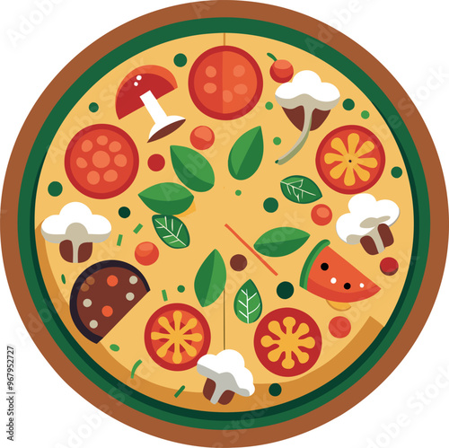 A colorful vector depiction of a round pizza featuring tomatoes, basil and cheese set on a clean white background