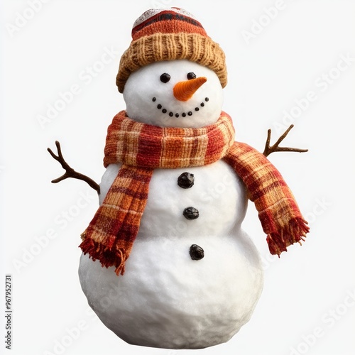 A cheerful snowman wearing a knitted hat and scarf, embodying winter spirit.