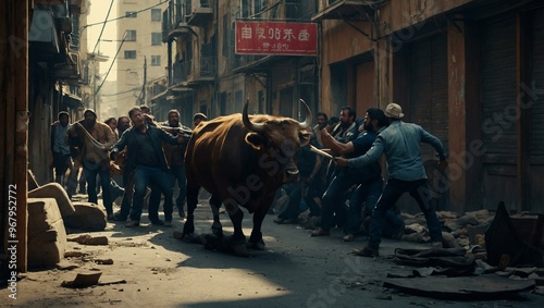 Wallpaper Mural Vector of a barricade scene with a bull head symbol and eight people. Torontodigital.ca