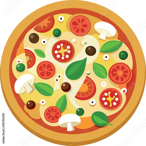 A colorful vector depiction of a round pizza featuring tomatoes, basil and cheese set on a clean white background