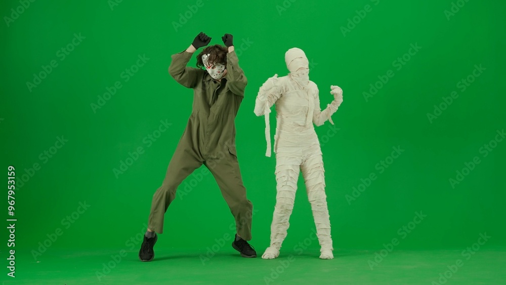 Portrait of person in a mummy bandage on chroma key green screen background. Maniac and mummy dancing Portrait of person in a mummy bandage on chroma key green screen background. Maniac and mummy dancing