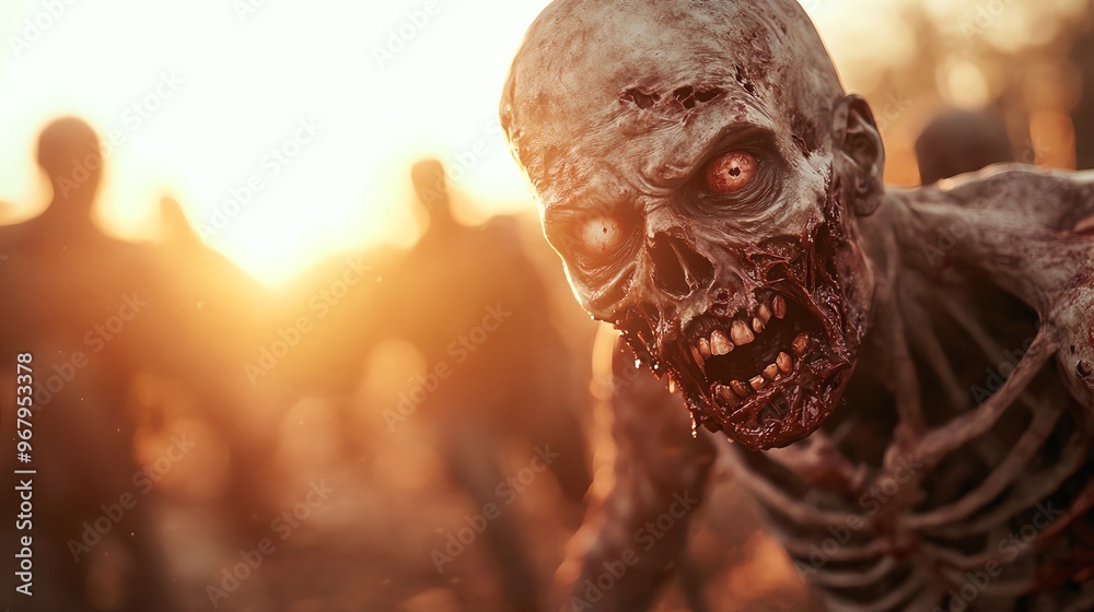 A terrifying close-up of a zombie in a post-apocalyptic setting, showcasing its decay and eerie expression against a dramatic sunset. A terrifying close-up of a zombie in a post-apocalyptic setting, showcasing its decay and eerie expression against a dramatic sunset.