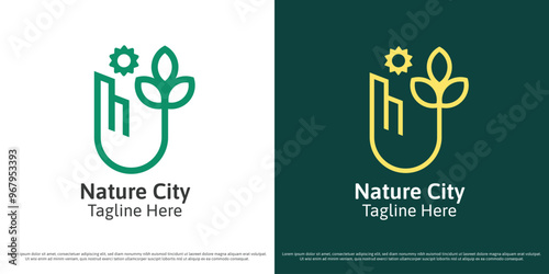 Natural environment city logo design illustration. Linear line silhouette of architectural building bio fresh nature leaf sun agricultural ecosystem plant tree. Geometric abstract minimal simple icon.