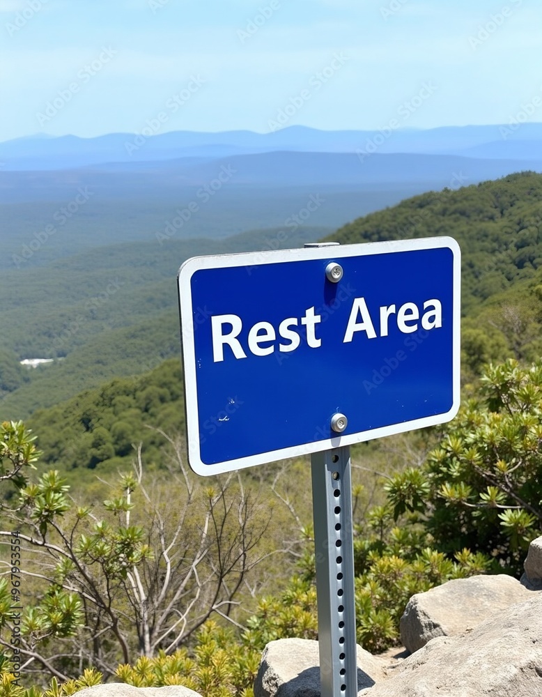 Blue Rest Area sign with scenic overlook backdrop Blue Rest Area sign with scenic overlook backdrop