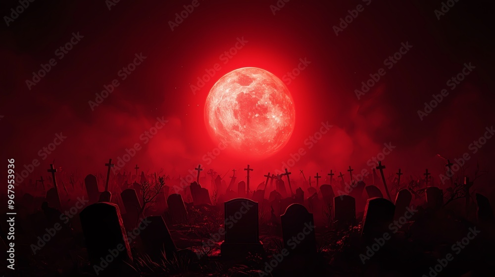 A haunting graveyard under a glowing red moon, shrouded in mist, creating an eerie and captivating atmosphere.