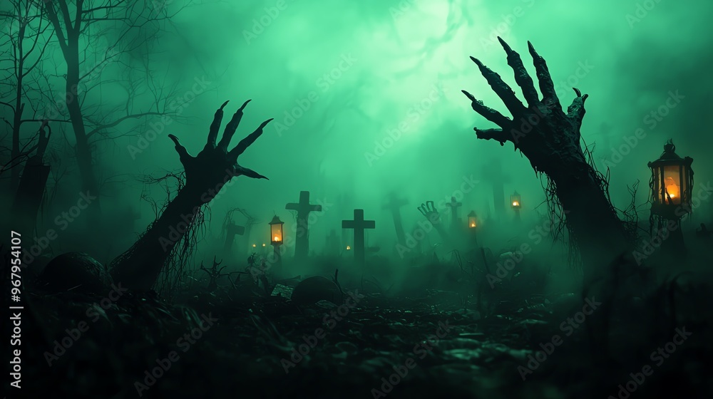 A haunting graveyard scene with eerie green mist, skeletal hands reaching from the ground, and glowing lanterns illuminating the night. A haunting graveyard scene with eerie green mist, skeletal hands reaching from the ground, and glowing lanterns illuminating the night.