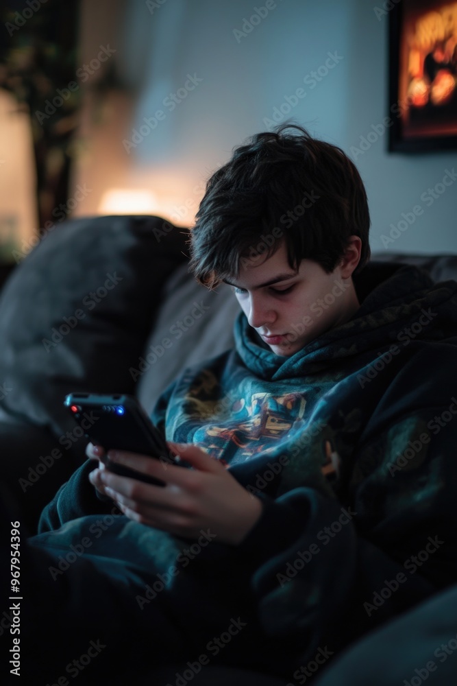 Obraz premium Man on couch with cell phone