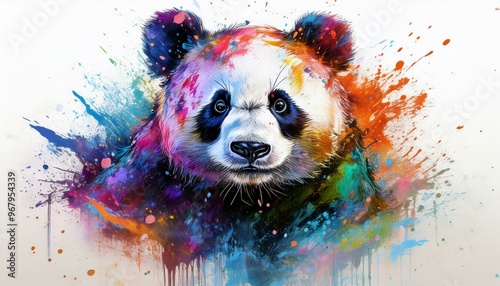 Vibrant and creative illustration of a panda face surrounded by colorful paint splashes, blending art and wildlife in a dynamic style.