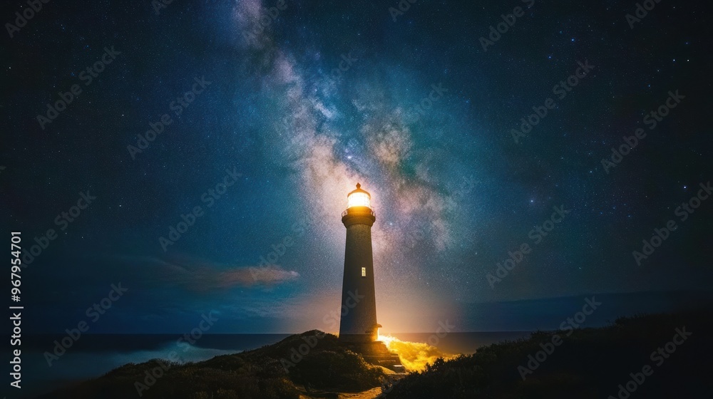 A lighthouse illuminated under a starry night sky, showcasing the Milky Way. A lighthouse illuminated under a starry night sky, showcasing the Milky Way.