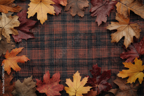 Autumn leaves on a table with room for text photo