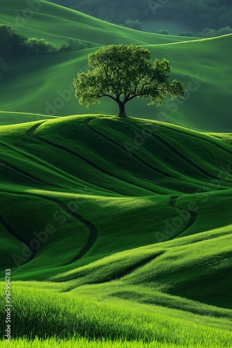 A lone tree stands majestically on a towering green hill, bathed in sunlight, symbolizing strength and solitude. photo