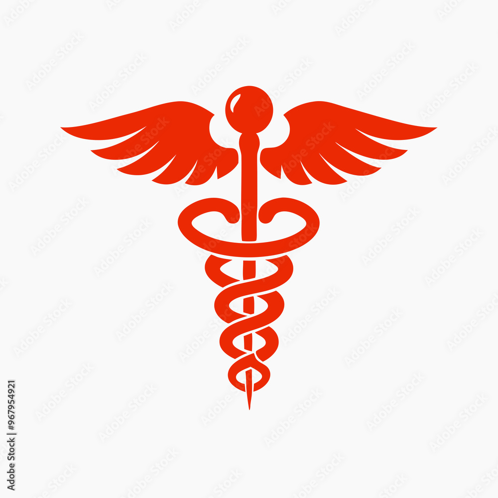 Caduceus symbol representing medicine and healthcare with wings in red color Caduceus symbol representing medicine and healthcare with wings in red color