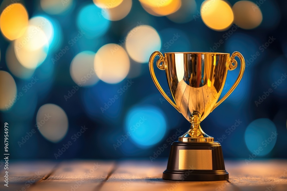 Golden Trophy on Wooden Table Golden Trophy on Wooden Table