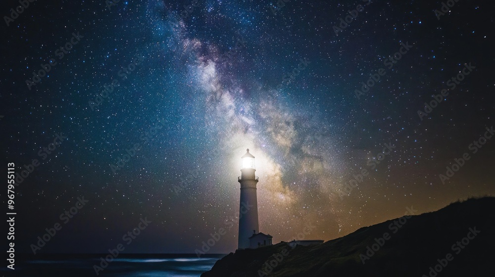 A lighthouse illuminated under a starry night sky with the Milky Way visible. A lighthouse illuminated under a starry night sky with the Milky Way visible.
