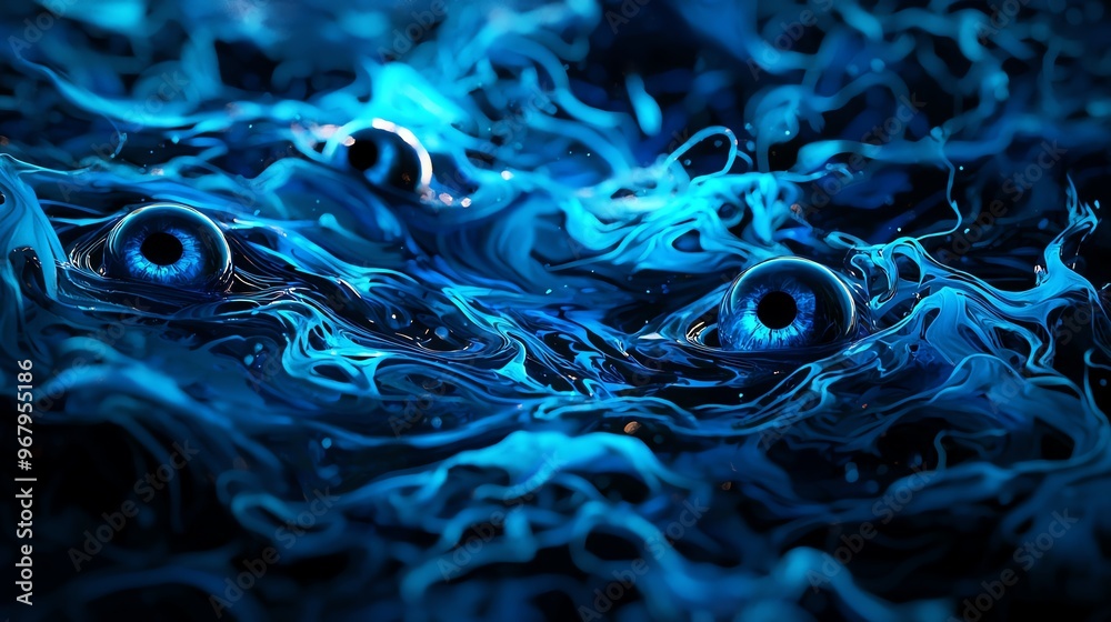 A mesmerizing swirl of blue water featuring deep, mysterious eyes peering from the depths, creating an enchanting underwater scene.