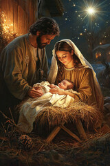 Nativity of Christ. Mary, Joseph and baby Jesus, surrounded by animals and warm light, festive atmosphere, religion of Christmas