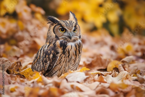 An owl with striking eyes stands amidst fallen autumn leaves, highlighting the beauty of nature. photo