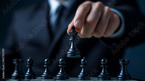 A businessman in a suit is moving a chess piece during a game. This represents success in business, where strategy, teamwork, and leadership are crucial.