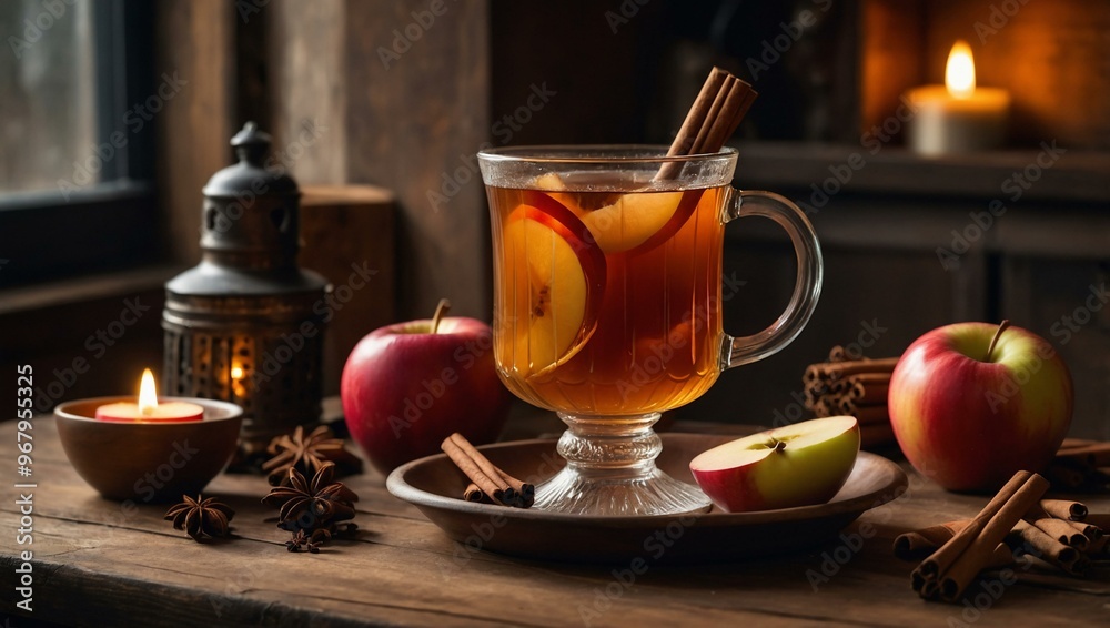 Wassail with floating apple slices and cinnamon sticks, surrounded by holiday spices in a softly lit rustic kitchen. Wassail with floating apple slices and cinnamon sticks, surrounded by holiday spices in a softly lit rustic kitchen.