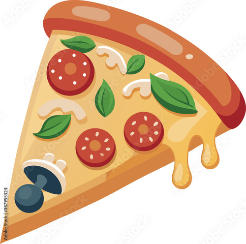Vector illustration of a delicious pizza slice topped with various vegetables and melted cheese