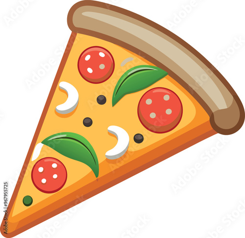 Vector illustration of a delicious pizza slice topped with various vegetables and melted cheese