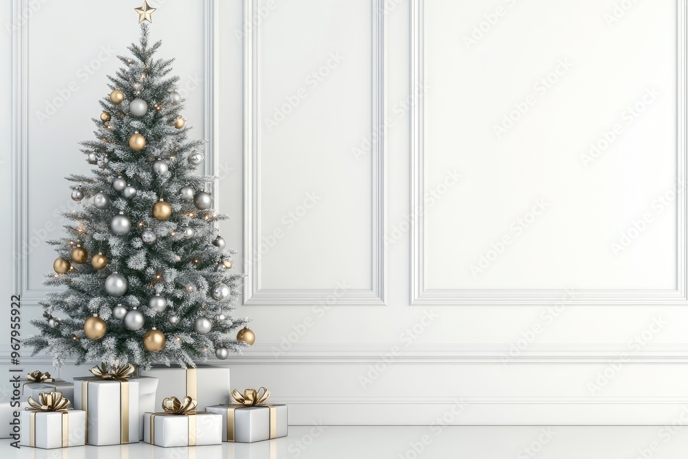 Christmas Tree with Gifts and Silver-Golden Ornaments on White Wall Background, New Year Decoration Mockup Christmas Tree with Gifts and Silver-Golden Ornaments on White Wall Background, New Year Decoration Mockup