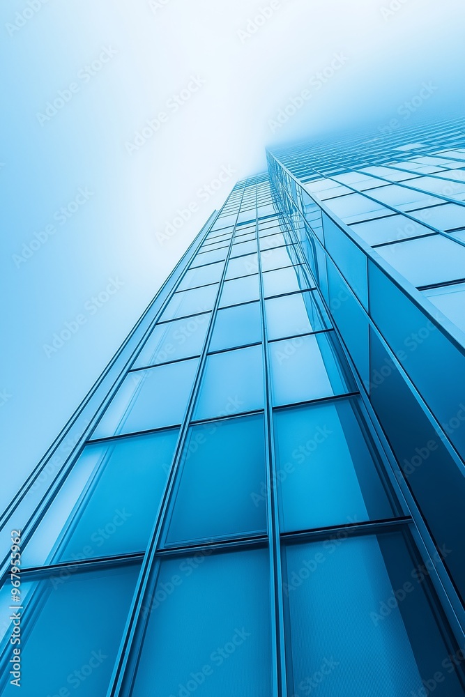 Obraz premium Tthe upward perspective of a contemporary glass skyscraper reaching into the foggy sky.
