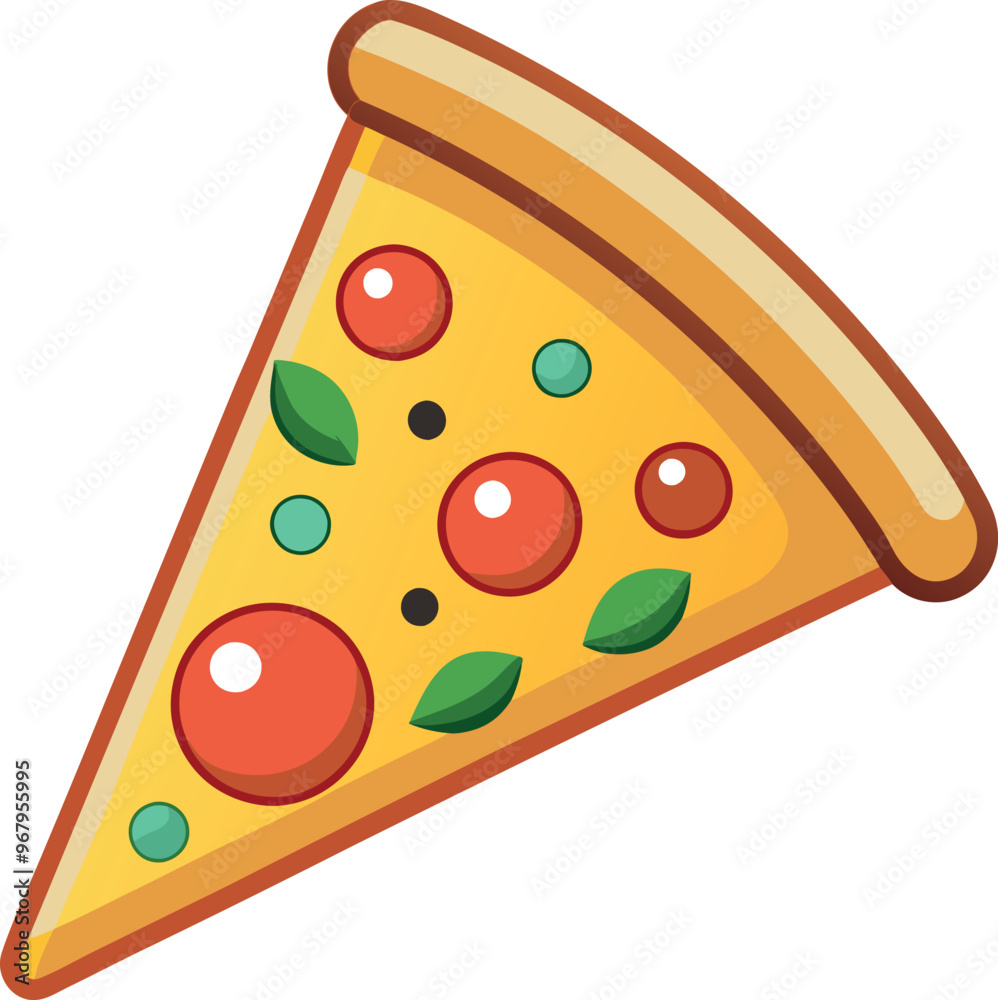 Vector illustration of a delicious pizza slice topped with various vegetables and melted cheese Vector illustration of a delicious pizza slice topped with various vegetables and melted cheese
