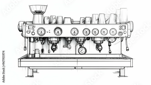 Detailed sketch of a vintage espresso machine showcasing its intricate design and features for coffee enthusiasts and baristas. photo