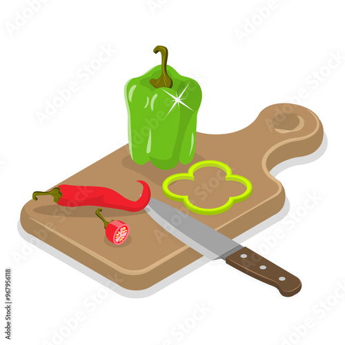 3D Isometric Flat Vector Set of Cooking Food Process, Meat, Fish, Vegetable Chopping Slices on a Board. Item 2