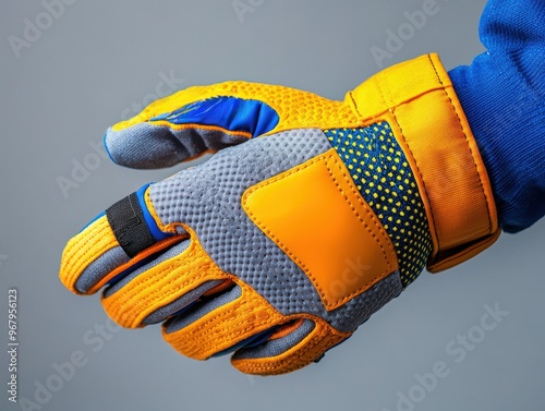 Yellow and Blue Protective Gloves Close Up photo