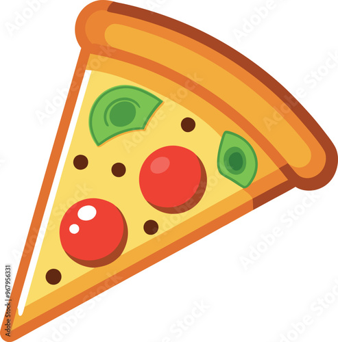 Vector illustration of a delicious pizza slice topped with various vegetables and melted cheese