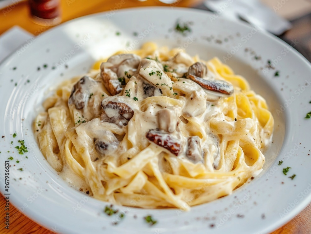 Pasta with Mushrooms on White Plate Pasta with Mushrooms on White Plate