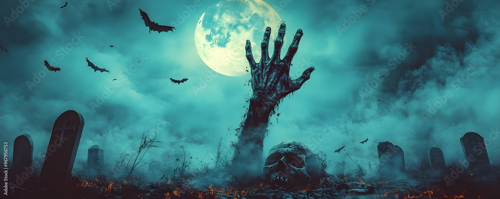 Obraz premium A haunting scene featuring a skeletal hand emerging from a grave at night, surrounded by mist and a full moon, evoking eerie vibes.