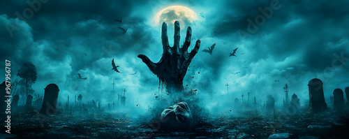 A dark and eerie scene featuring an undead hand reaching up from a grave, under a haunting moonlit sky. photo