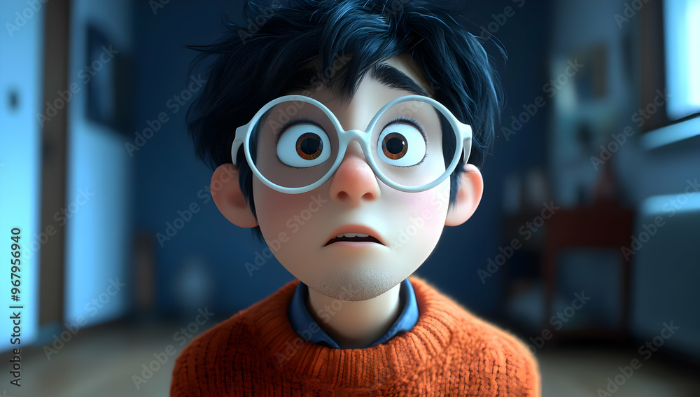 A young boy with glasses displaying surprise in a cozy indoor setting, perfect for illustrations of curiosity and childhood. A young boy with glasses displaying surprise in a cozy indoor setting, perfect for illustrations of curiosity and childhood.