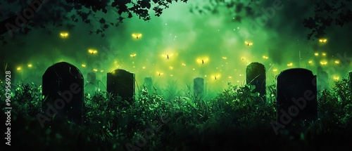 Wallpaper Mural A mystical graveyard shrouded in eerie green fog, illuminated by glowing fireflies that create an enchanting atmosphere. Torontodigital.ca