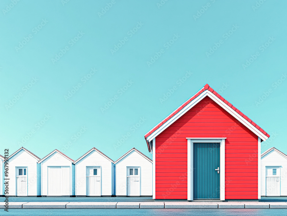 A row of white houses are lined up next to a red house A row of white houses are lined up next to a red house
