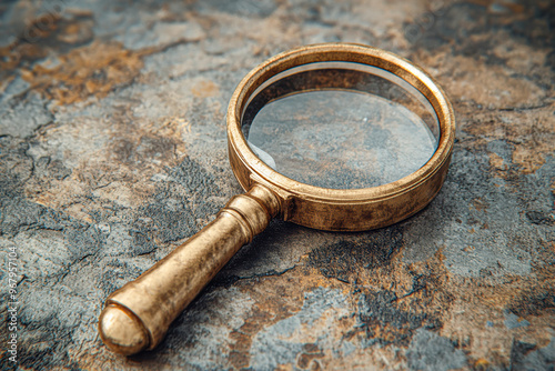 A magnifying glass is sitting on a stone surface