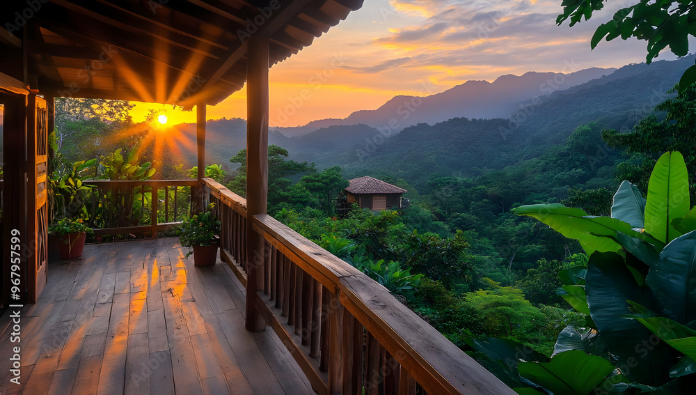 Fototapeta premium A stunning sunset view from a wooden balcony overlooking lush mountains and greenery, perfect for nature lovers and travel enthusiasts.