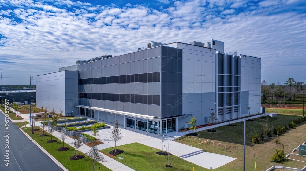 Fototapeta premium Modern Industrial Building with a Blue Sky